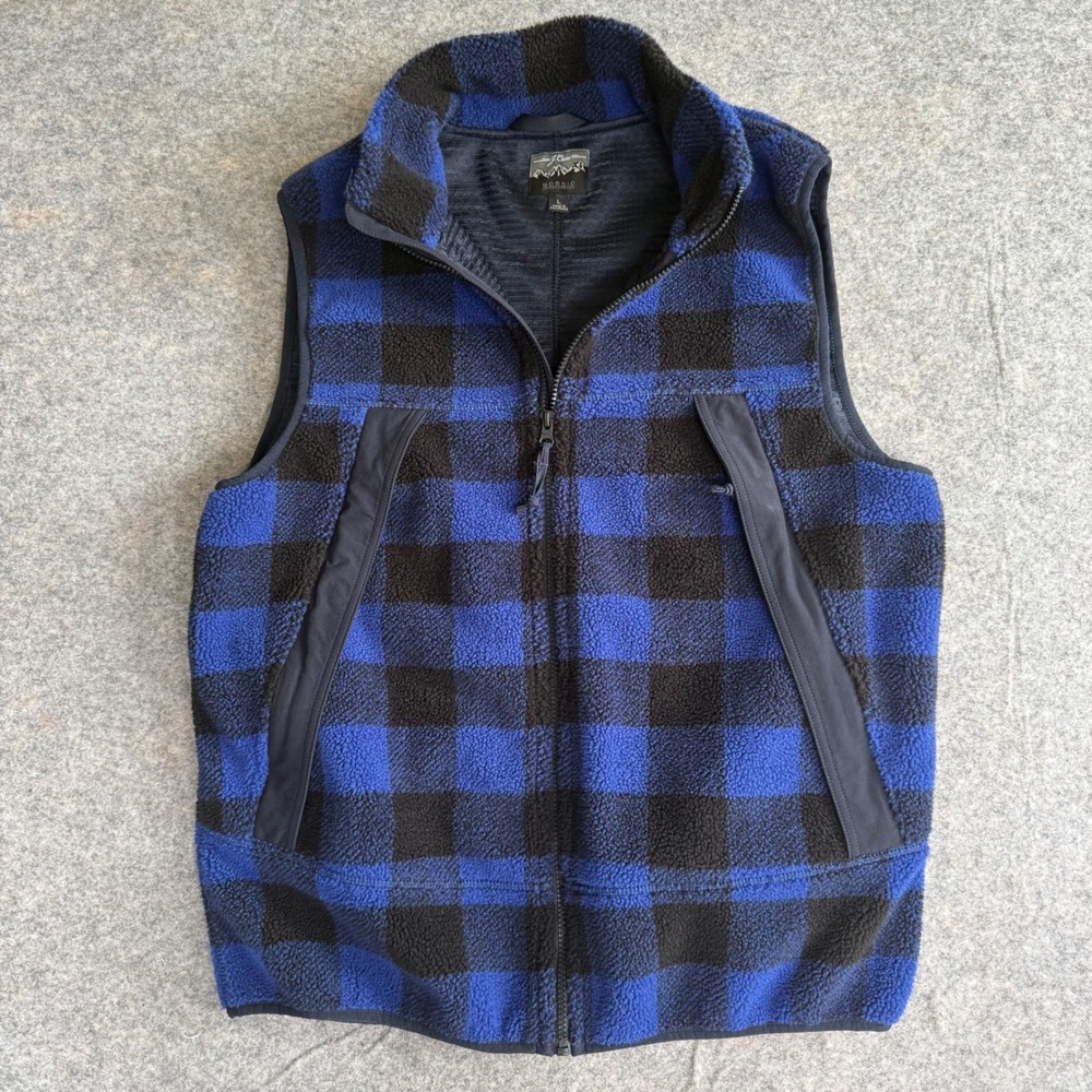 JCrew Vest Nordic Mens Large Sherpa Fleece Blue Black Buffalo Plaid BS368ge
